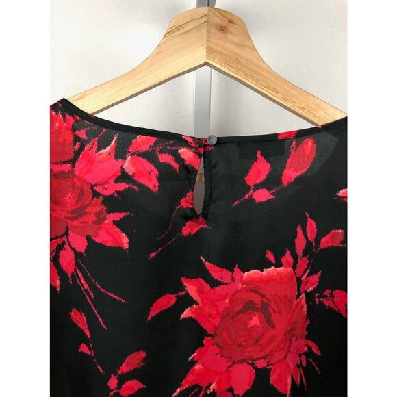 TALBOTS Petite M PM Floral Satin Blouse Long Sleeve Top Keyhole Neck Black Red - Picture 6 of 9
